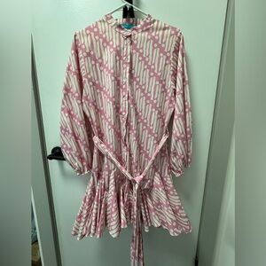 Pink and White Patterned Mini Dress - Baloon Sleeves, Flowy Fit